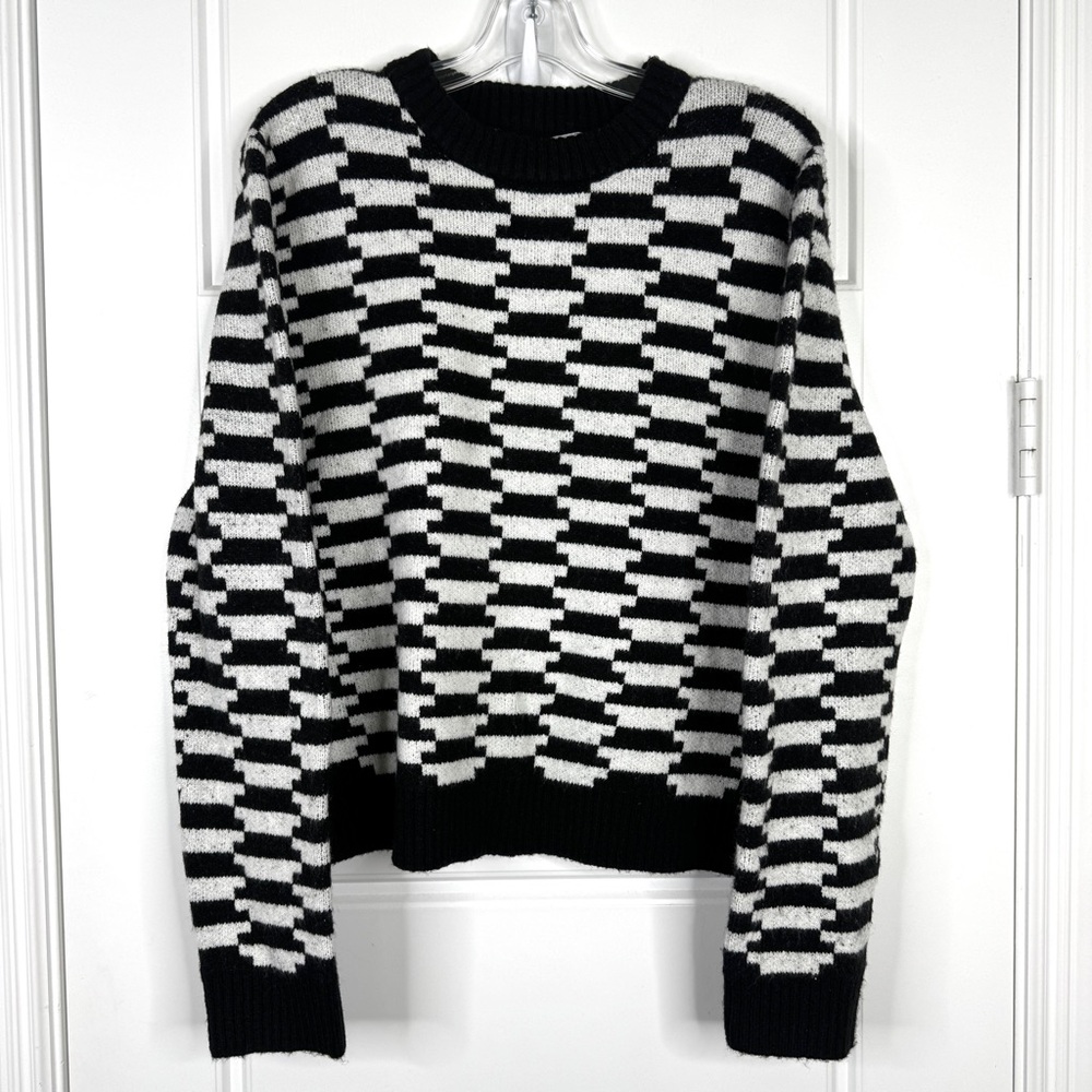 LISA SAYS GAH Emma NEW Crewneck Sweater Black White Checkered Knit NEW Size M/L